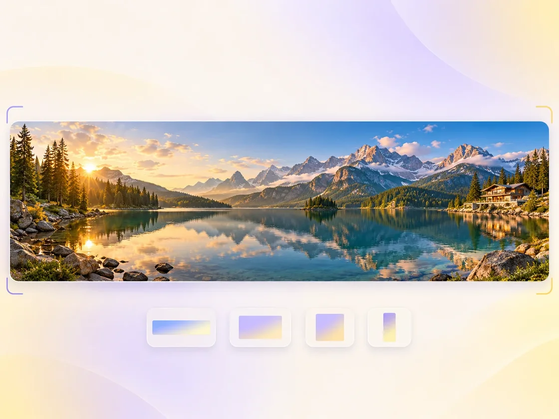 A seamless ultra-wide 4K alpine panorama with continuous scenery and reflections