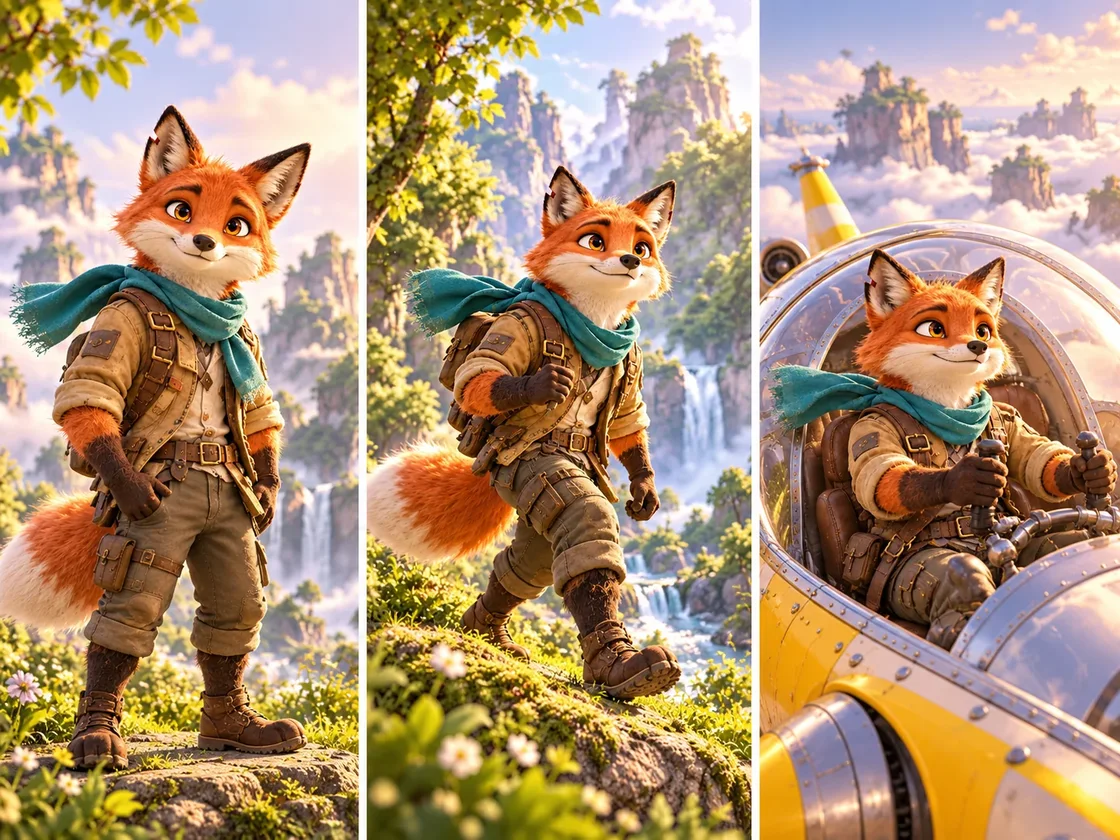 The same fox adventurer preserved across a close-up, forest scene and aircraft cockpit